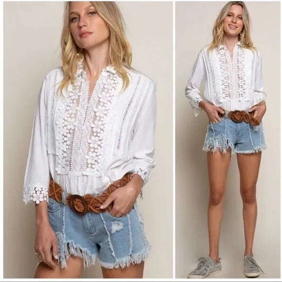 IVORY Floral Lace Mock Neck Blouse Flared Sleeves - Picture 4 of 14